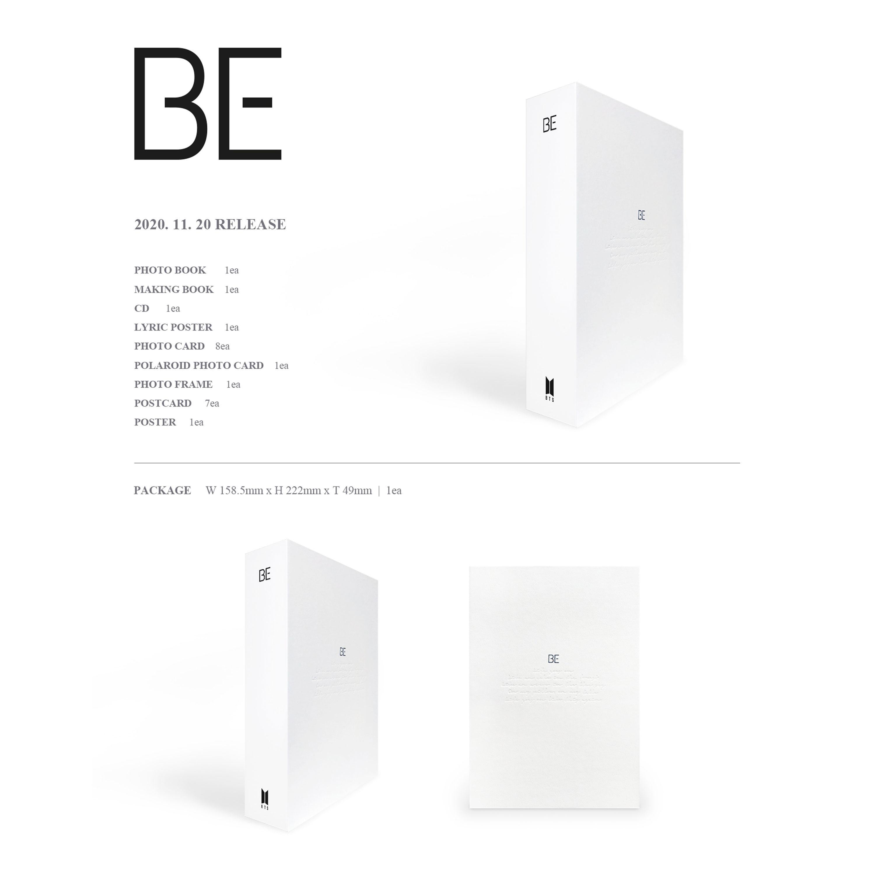 Weißes 'BE'-Album-Paket mit Inhaltsverzeichnis und Abmessungen. Rechts ein weißes Album.