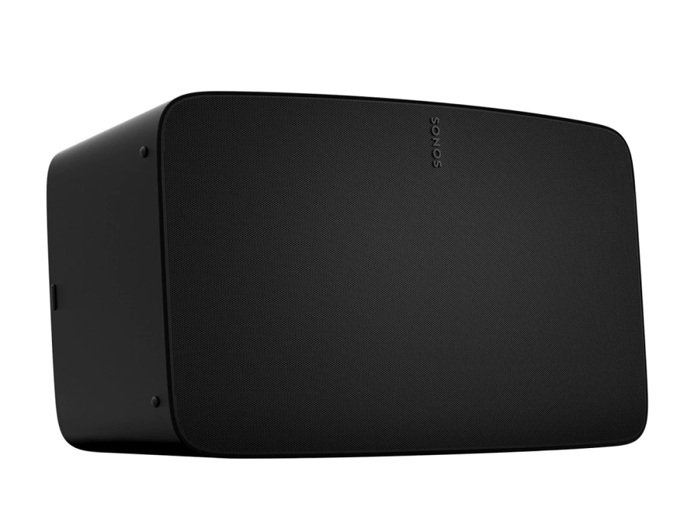 Altavoz rectangular negro con la palabra 'SONOS' impresa en el lado derecho.