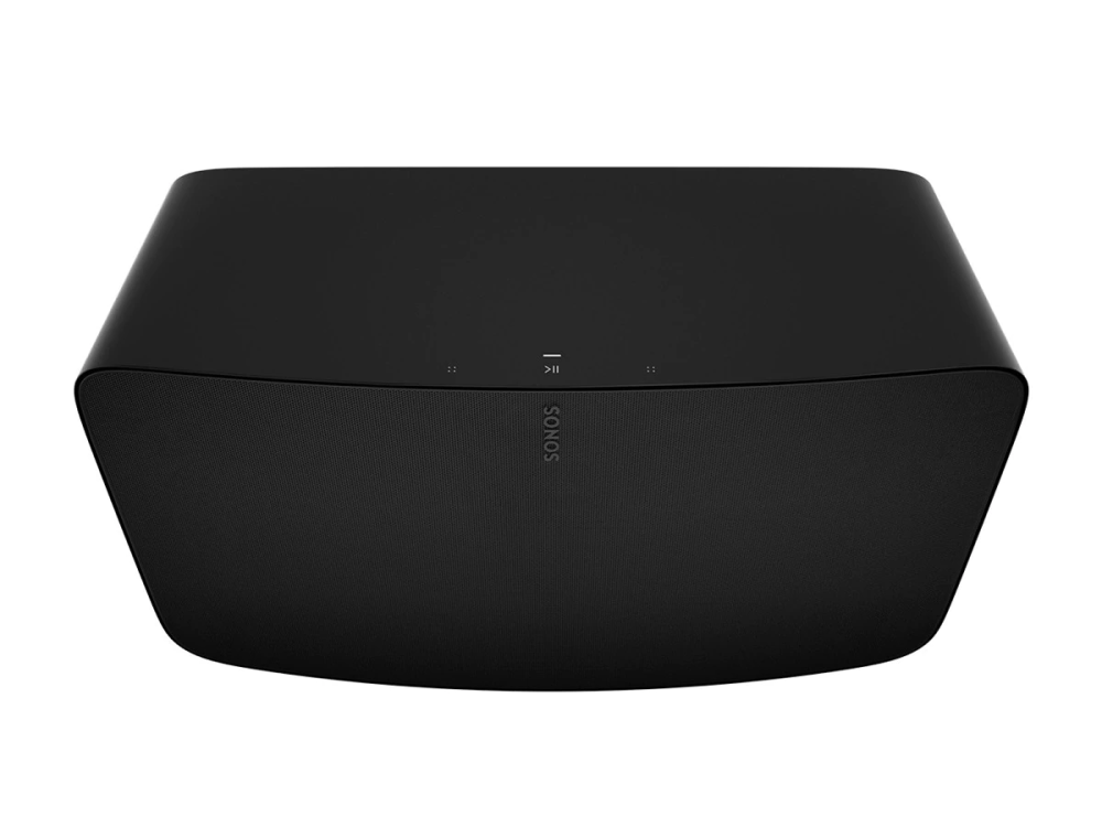 Barra de sonido Sonos negra sobre fondo blanco. Tiene botones de reproducción/pausa y volumen arriba.