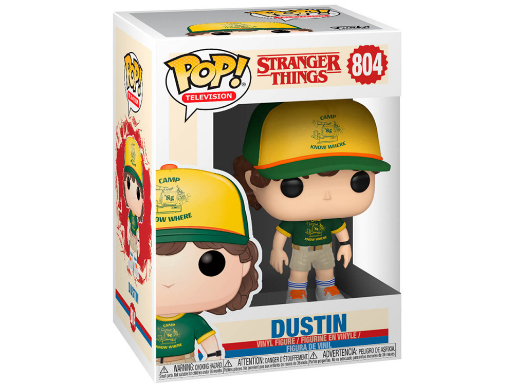Figura de Dustin en caja de la serie Stranger Things, con figura de Dustin y gráficos.