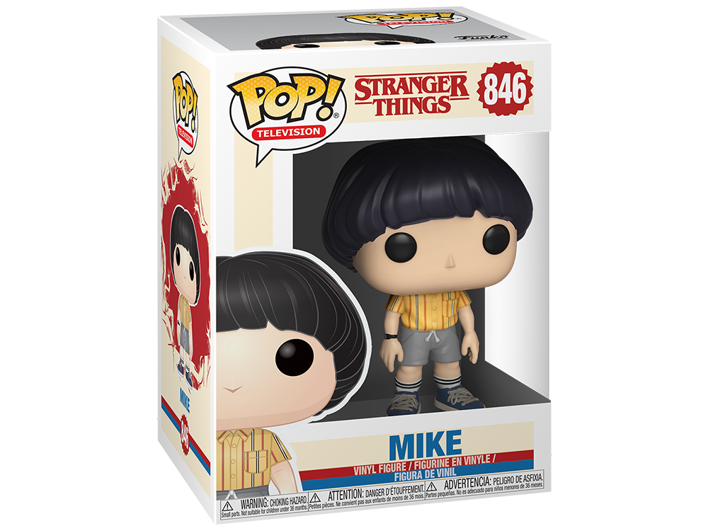 Figura Funko Pop de Mike de Stranger Things en una caja. La caja muestra la figura y el nombre.