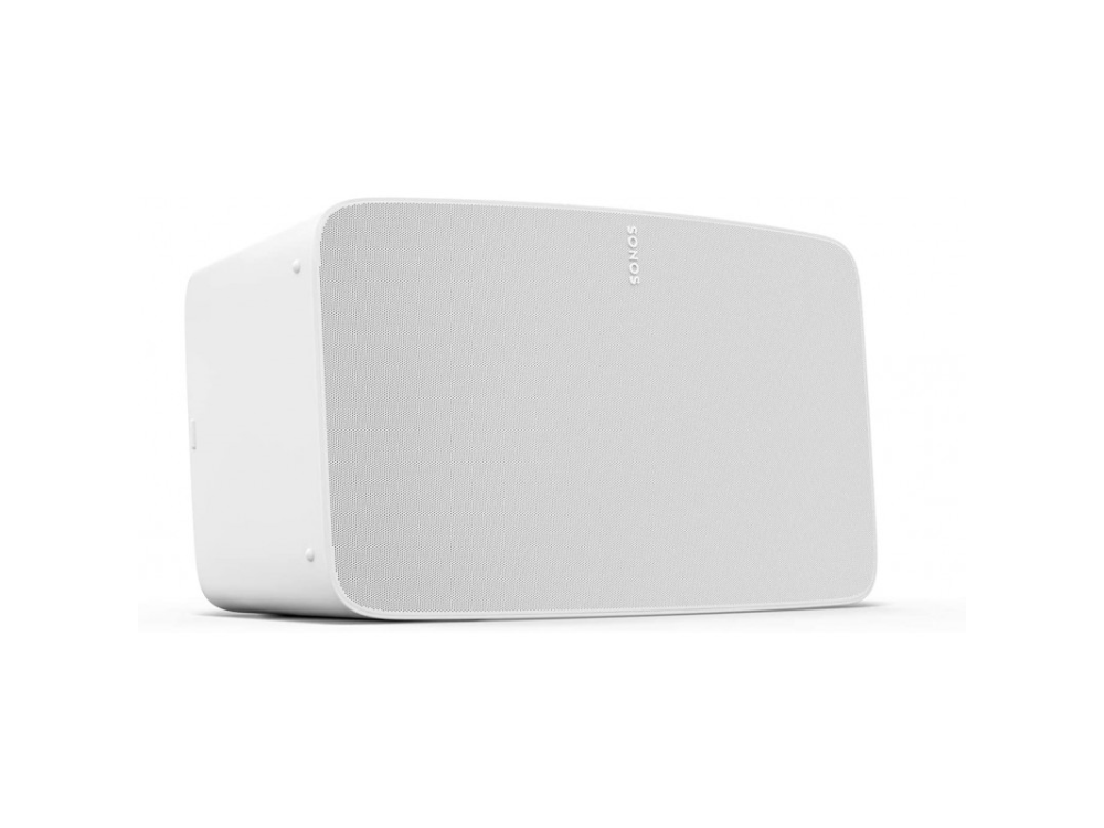 Altavoz Sonos blanco. Forma rectangular con bordes redondeados. Logotipo de Sonos en la esquina superior derecha.