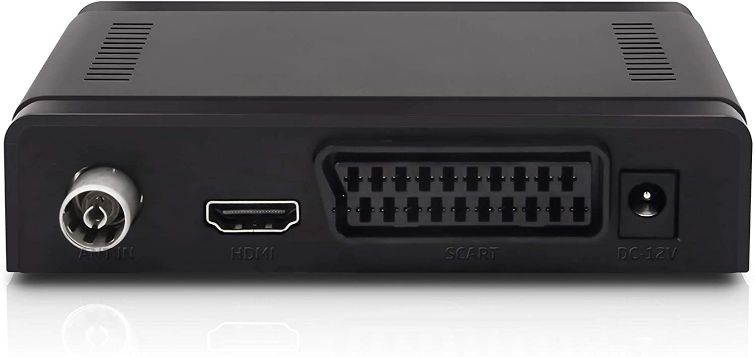 Caja negra con antena, HDMI, SCART y entradas DC-12V, fondo blanco.