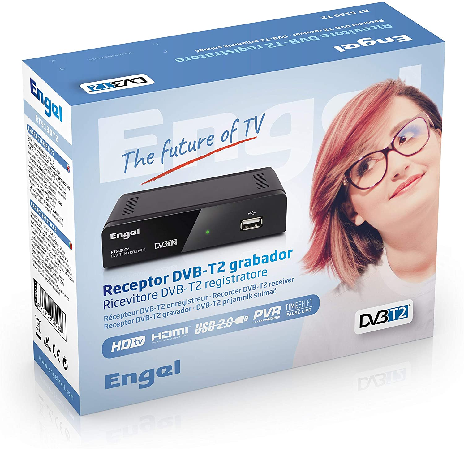 Caja del receptor Engel DVB-T2, con una mujer y la frase 'futuro de la TV'.
