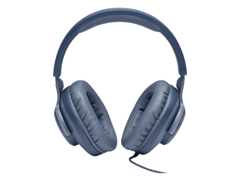 Auriculares supraaurales azules, con un fondo negro.