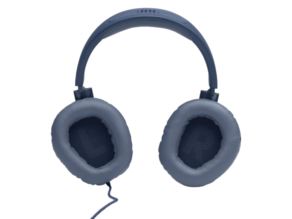 Vista cenital de auriculares azules. Los auriculares son grandes y acolchados.