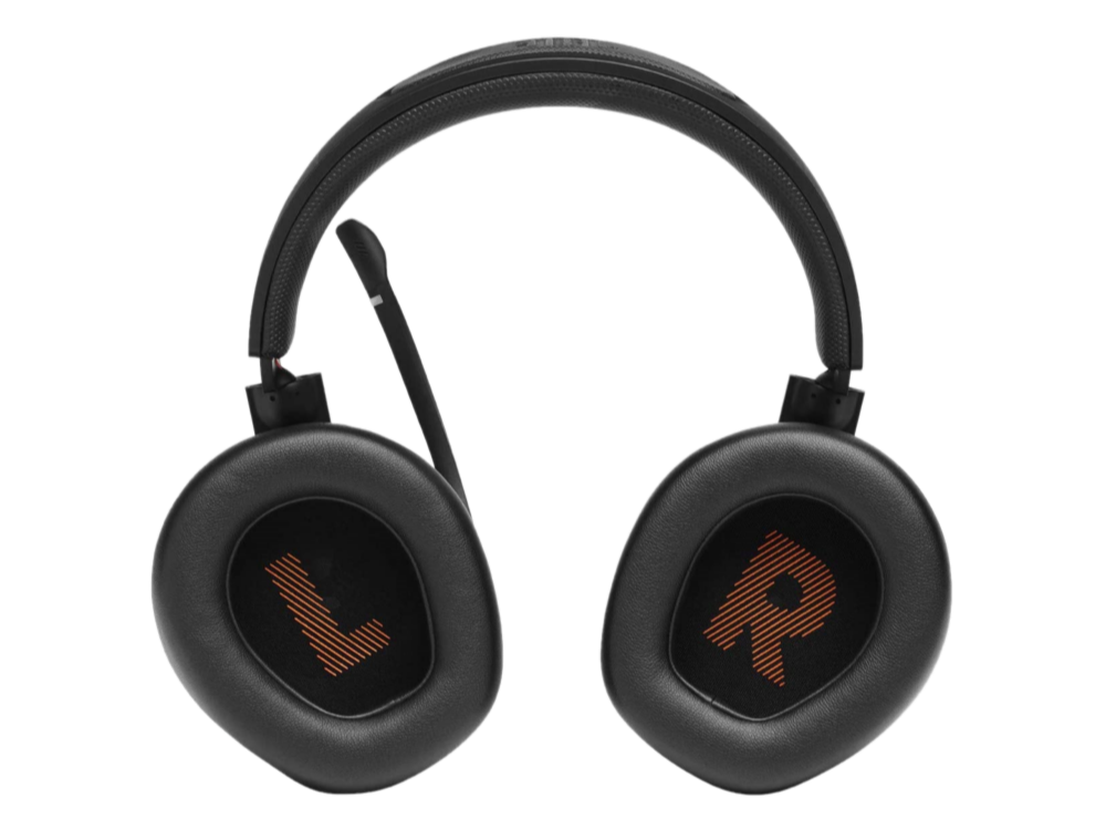 Auriculares negros con micrófono. Los auriculares tienen letras L y R en naranja sobre un fondo negro.