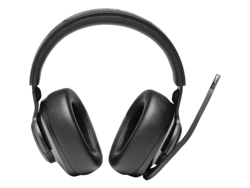 Auriculares negros sobre la oreja con micrófono. Los auriculares están sobre un fondo blanco.
