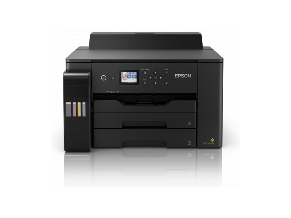 Impresora Epson negra con múltiples bandejas de papel y panel de control. Vista frontal.