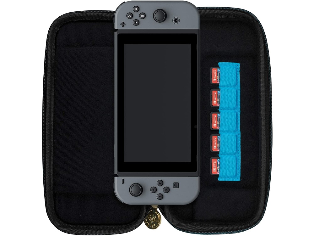 Funda Switch abierta con consola Switch y cartuchos de juego. Funda negra con soporte azul.