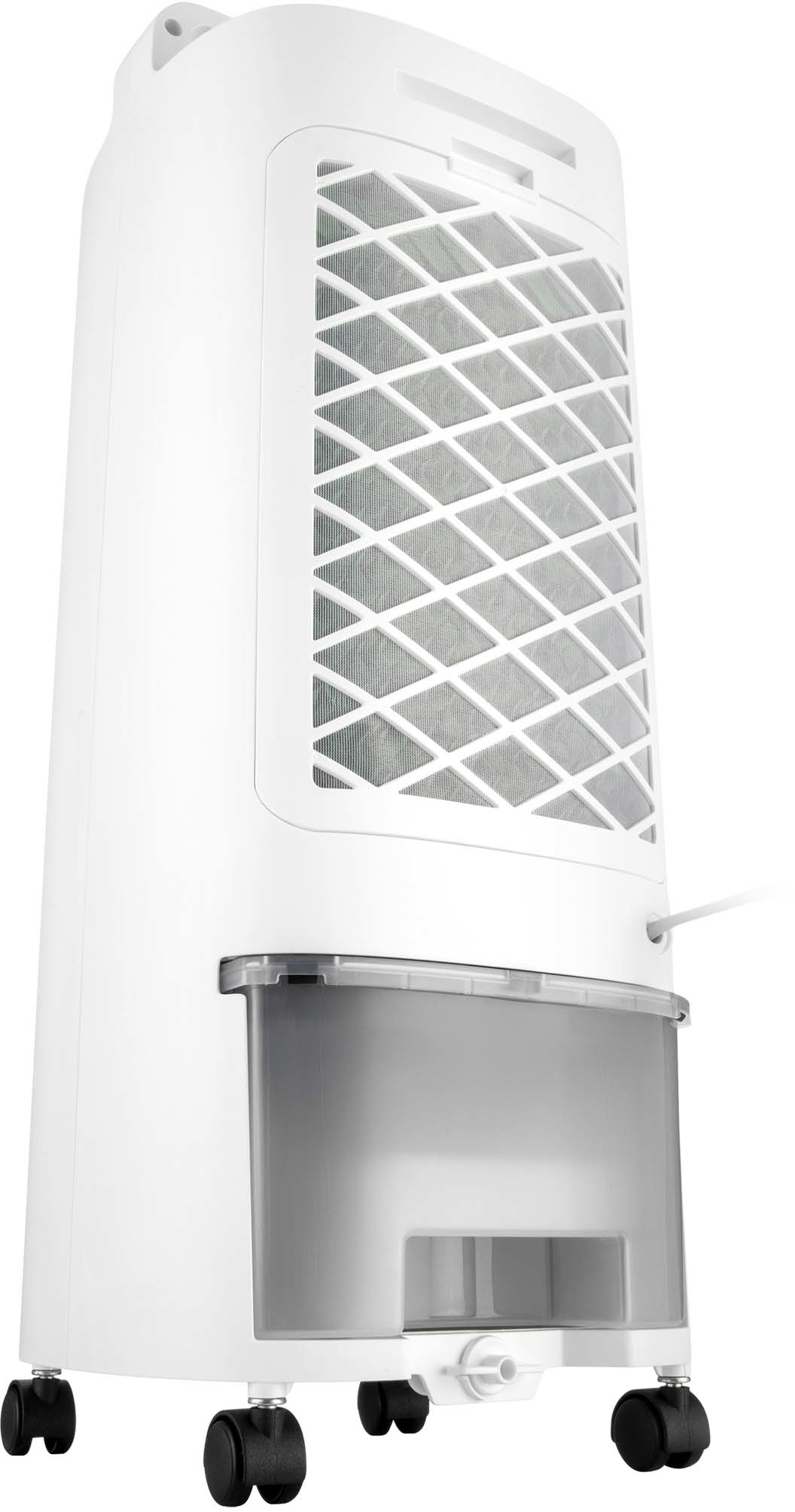 Fehér légkondi víztartállyal, ventilátorral és kerekekkel.