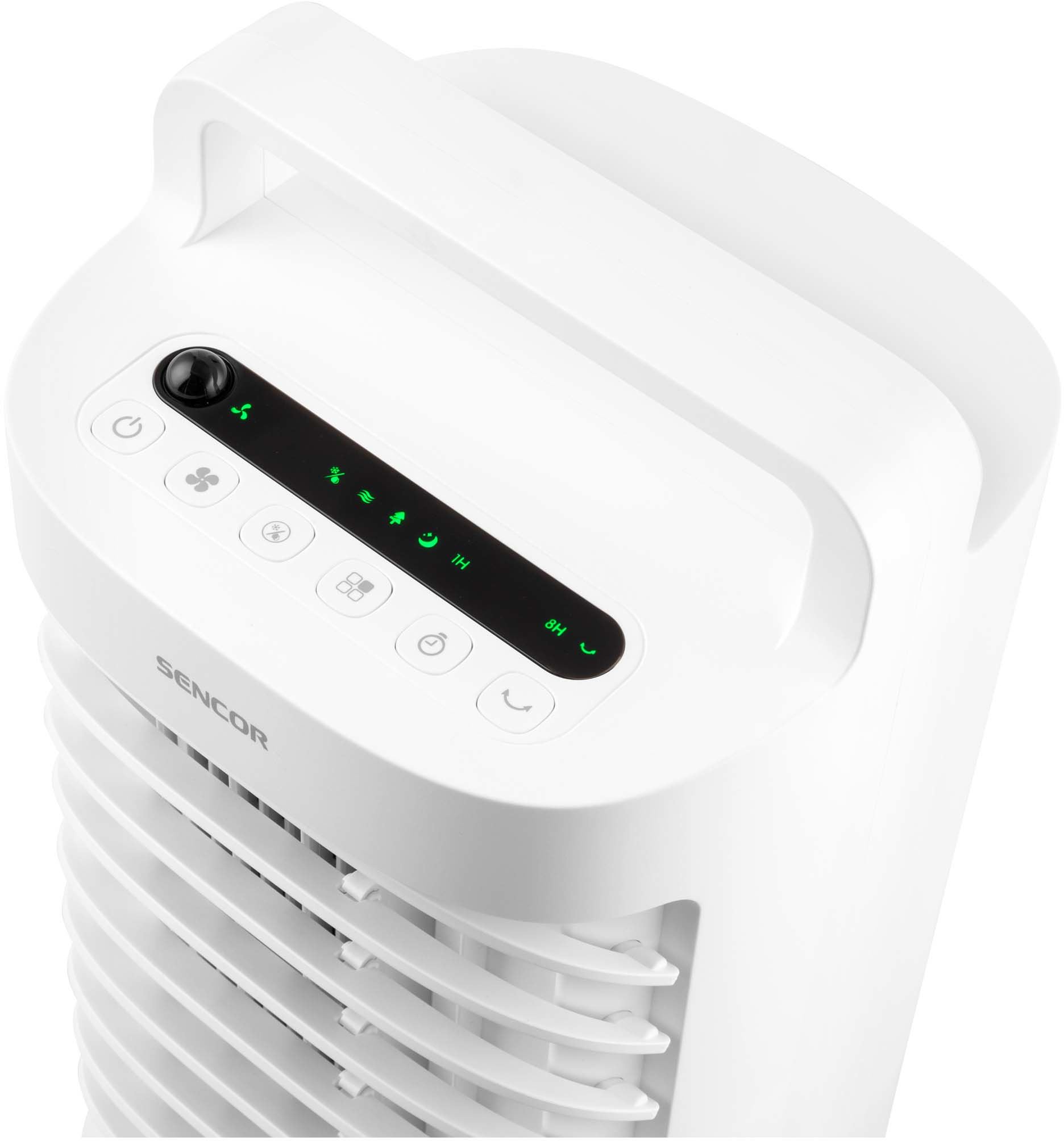 Fehér toronyventilátor fekete vezérlőpanellel és fogantyúval a tetején.