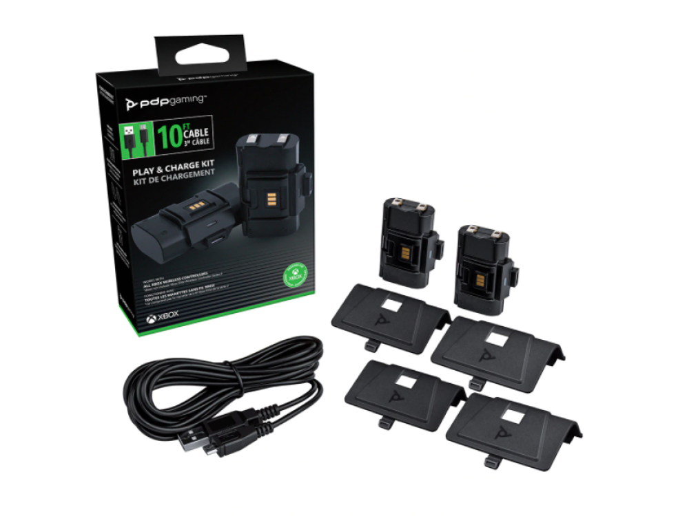 Caja del kit de carga y juego de Xbox. Contiene base de carga, dos baterías y un cable de carga.
