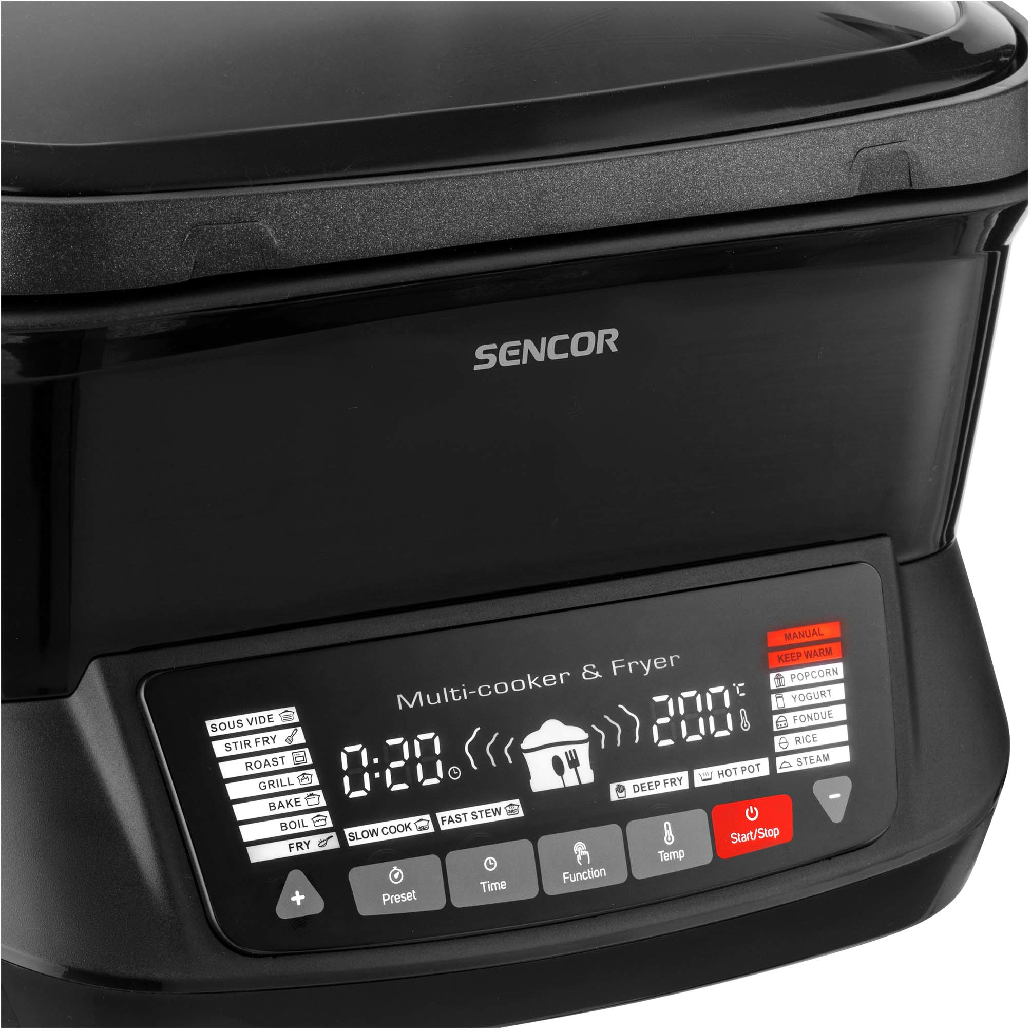 Egy fekete multi-cooker & sütő vezérlőpult, kijelzővel és gombokkal.