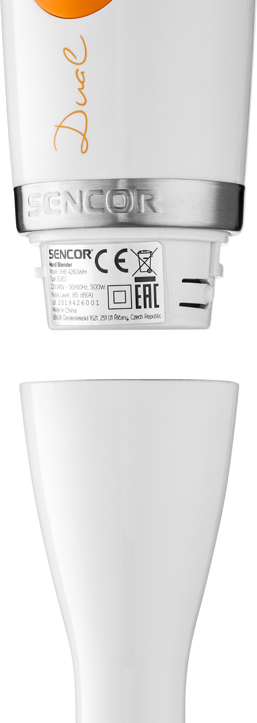 Fehér botmixer címkével és egy fehér, levehető résszel alatta.
