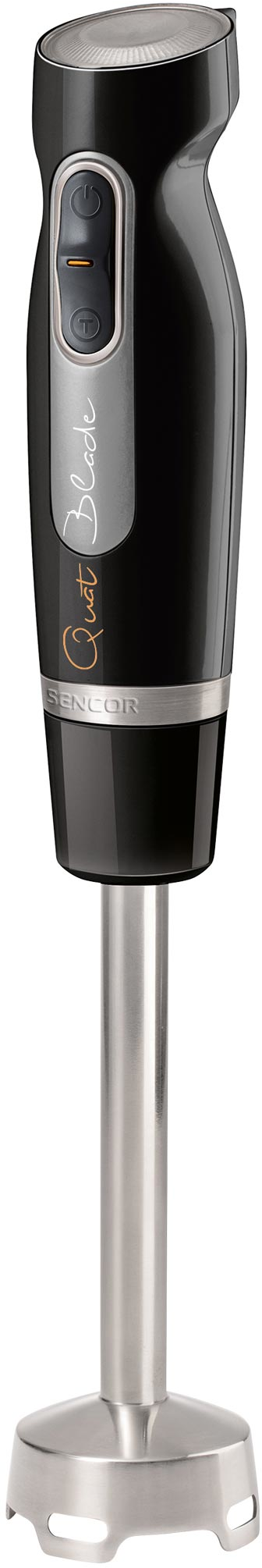 Fekete SENCOR botmixer ezüst díszítéssel és a 'Quat Blade' felirattal.