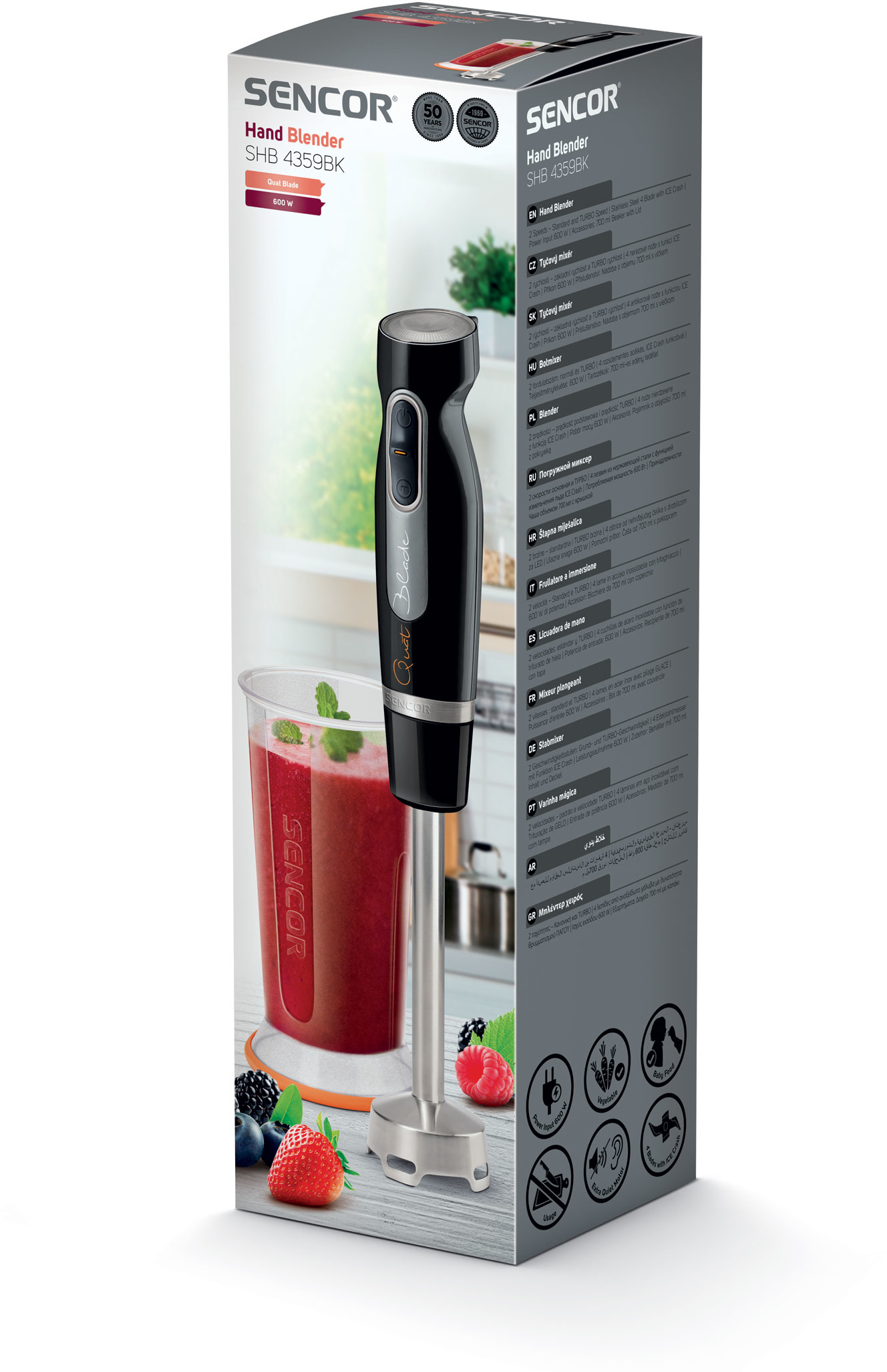 Egy fekete botmixer a dobozában. A dobozban a mixer és egy pohár smoothie látható.