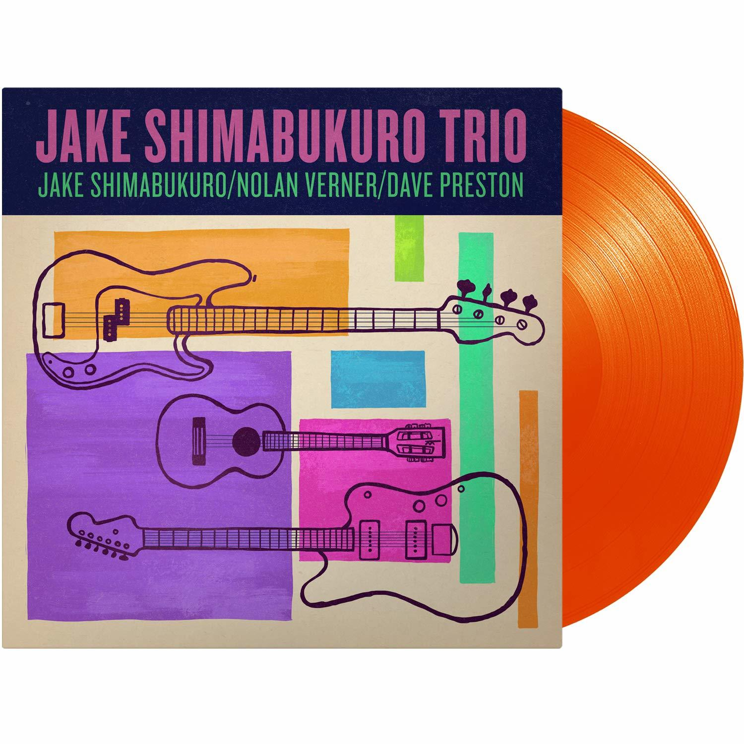 Album borítója: Gitárok színes grafikája és egy hanglemez jobbra. Szöveg: 'JAKE SHIMABUKURO TRIO'.