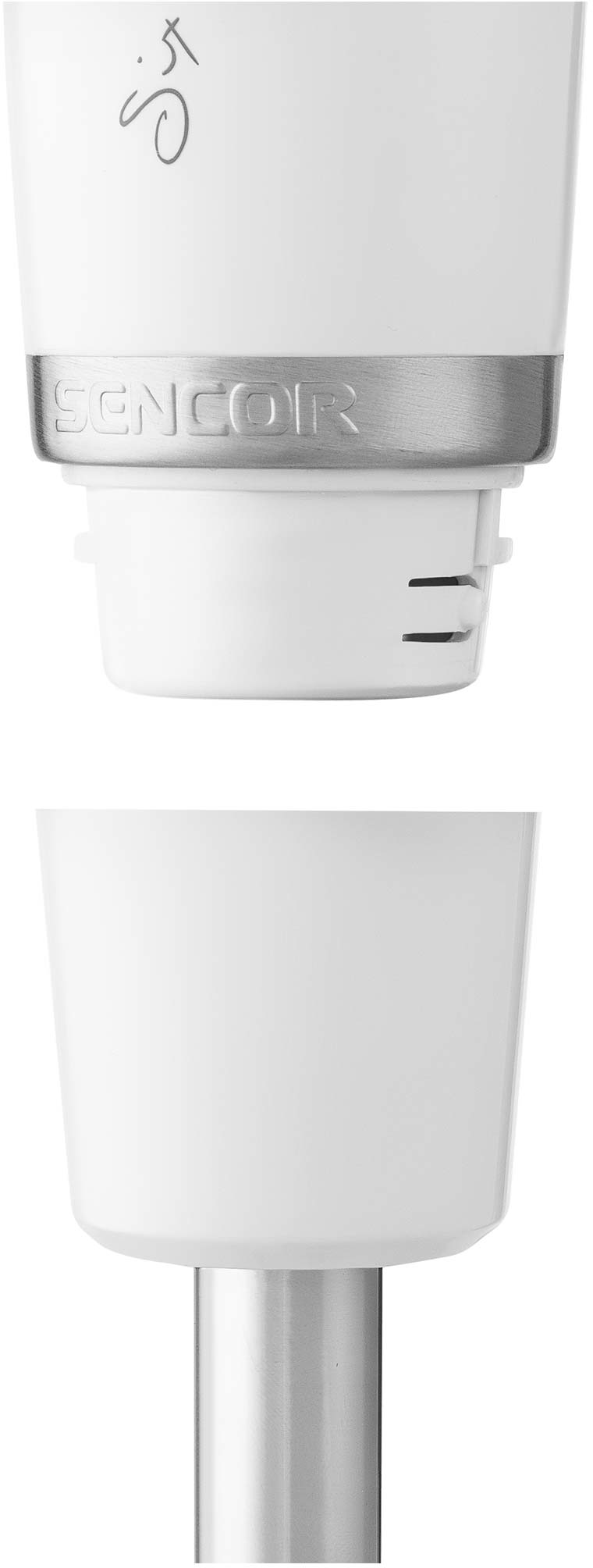 Fehér SENCOR botmixer, közeli nézet.