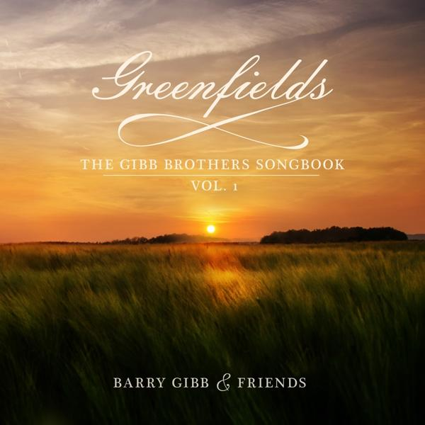 Albumhoes: Greenfields, The Gibb Brothers Songbook, Vol. 1. Zonsondergang boven een veld met hoog gras.