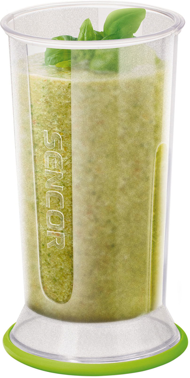Zöld smoothie egy átlátszó turmixgépben. Az alap zöld.