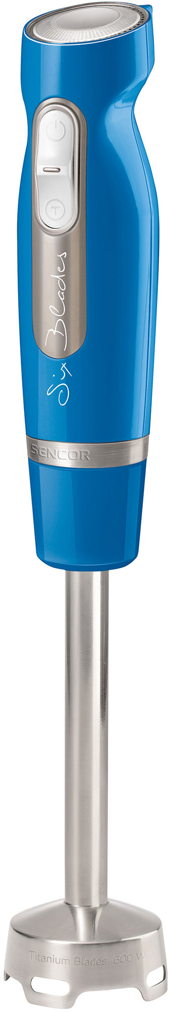 Kék botmixer két gombbal, 'Sencor' és 'Blade' logókkal.