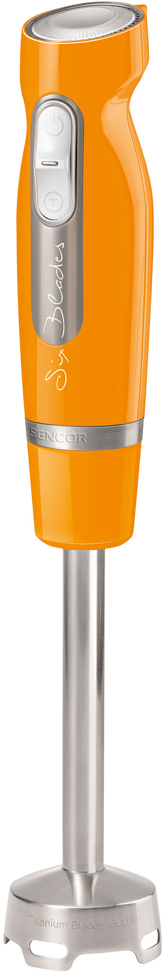 Narancssárga botmixer ezüstszínű részletekkel, ezüst alapon.