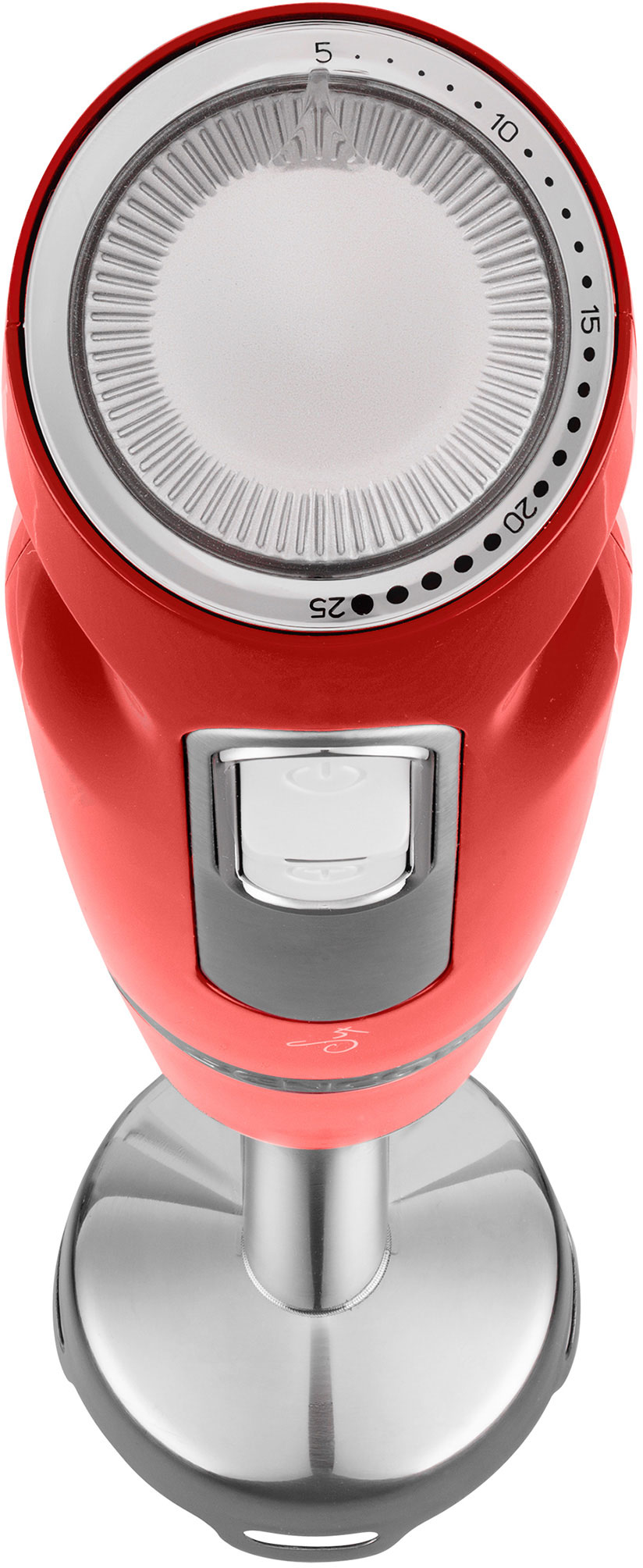 Piros kézi mixer ezüst keverőfejjel. A vezérlőpanelen számok és egy gomb található.