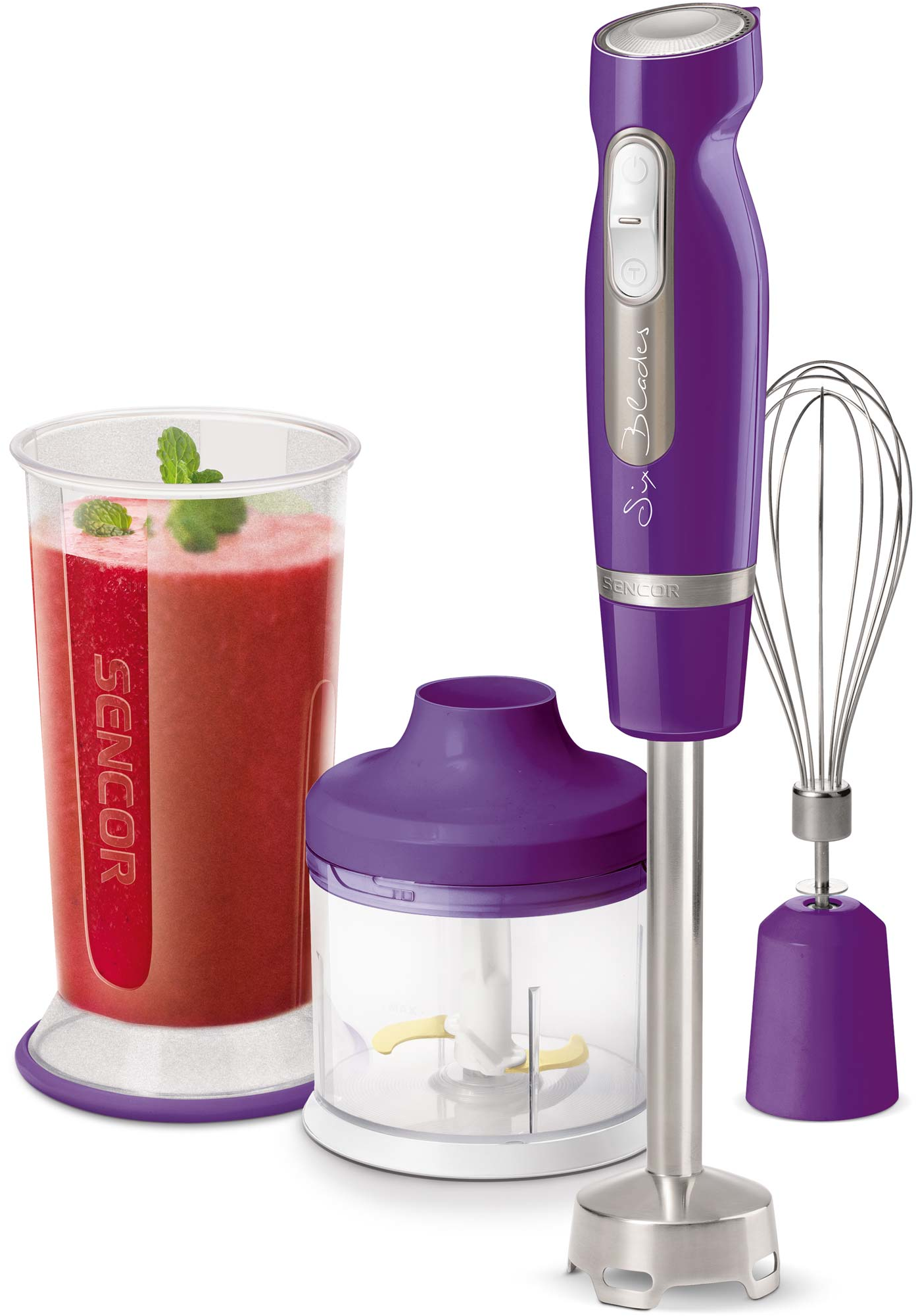 Lila botmixer tartozékokkal, turmixpohárral és egy pohár piros smoothie-val.