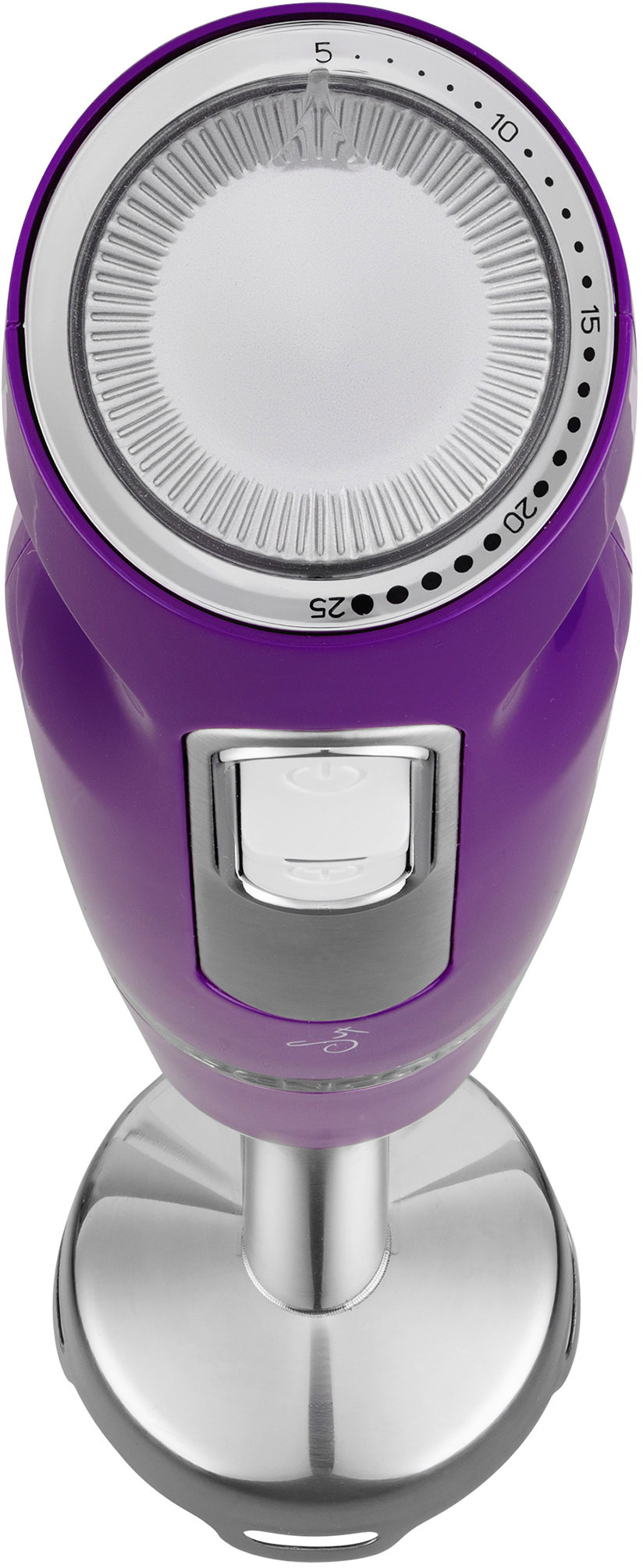 Lila kézi mixer ezüst alappal és tárcsás vezérlőkkel.