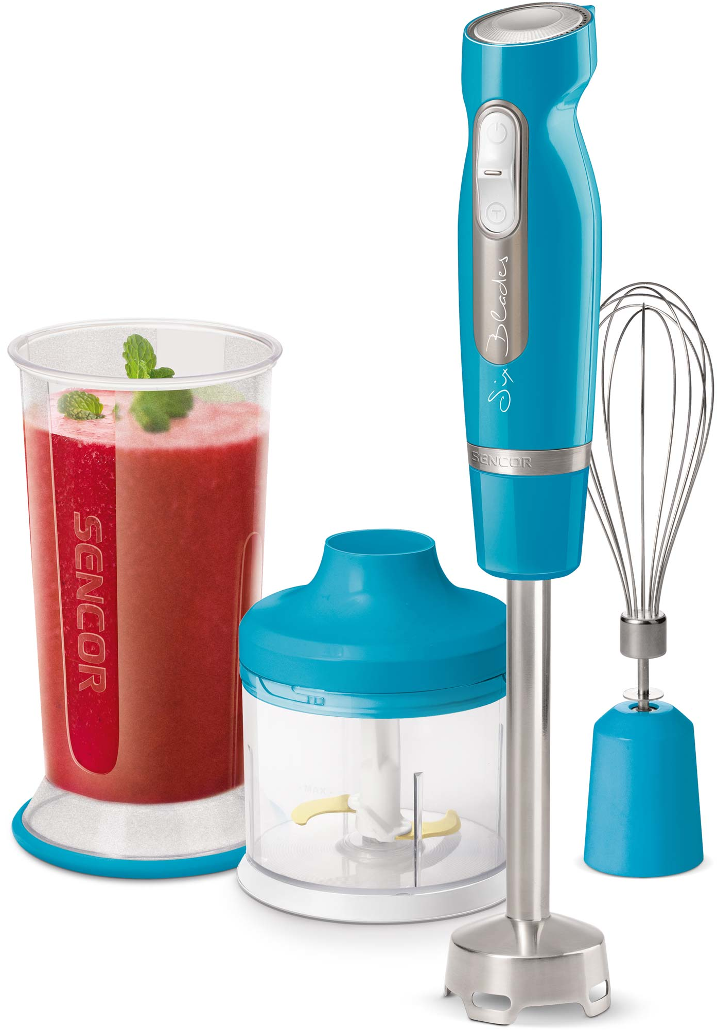 Kék kézi mixer, turmixos pohár és habverő.