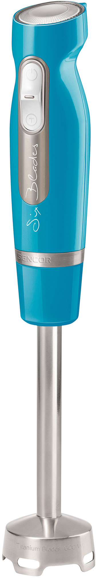Egy türkizkék Sencor botmixer rozsdamentes acél pengével.