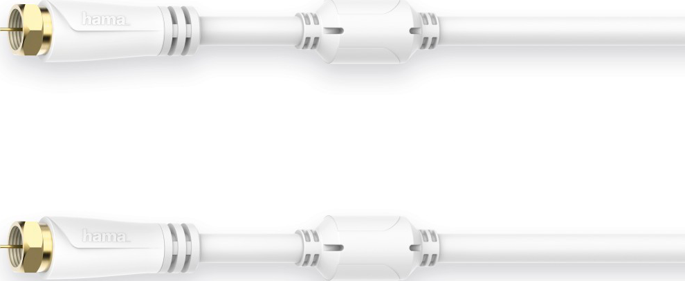 Deux câbles coaxiaux blancs avec des connecteurs à chaque extrémité. Fond blanc.