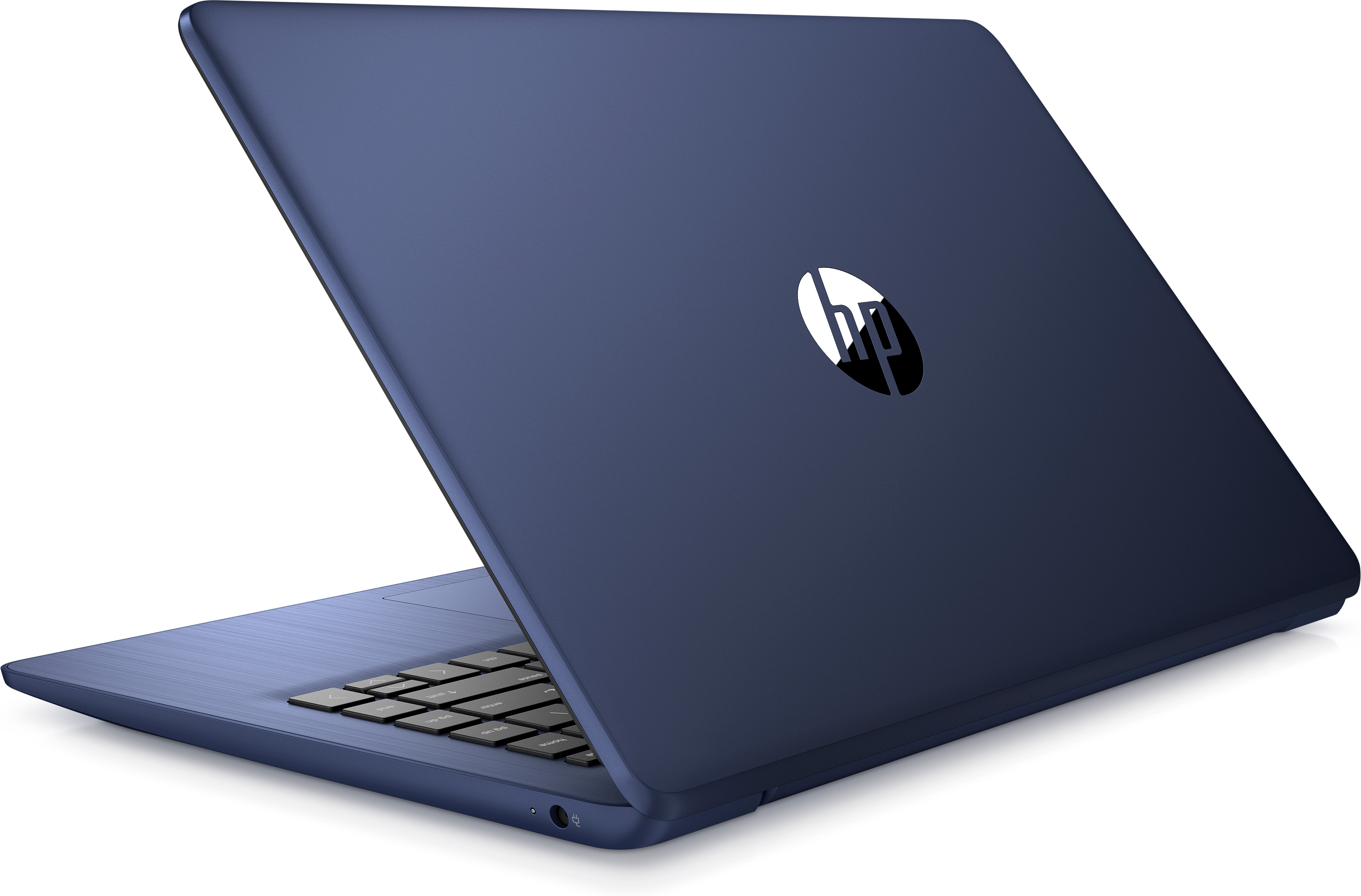 Portátil HP azul, abierto, que muestra el teclado y la pantalla. El logotipo de HP es visible.
