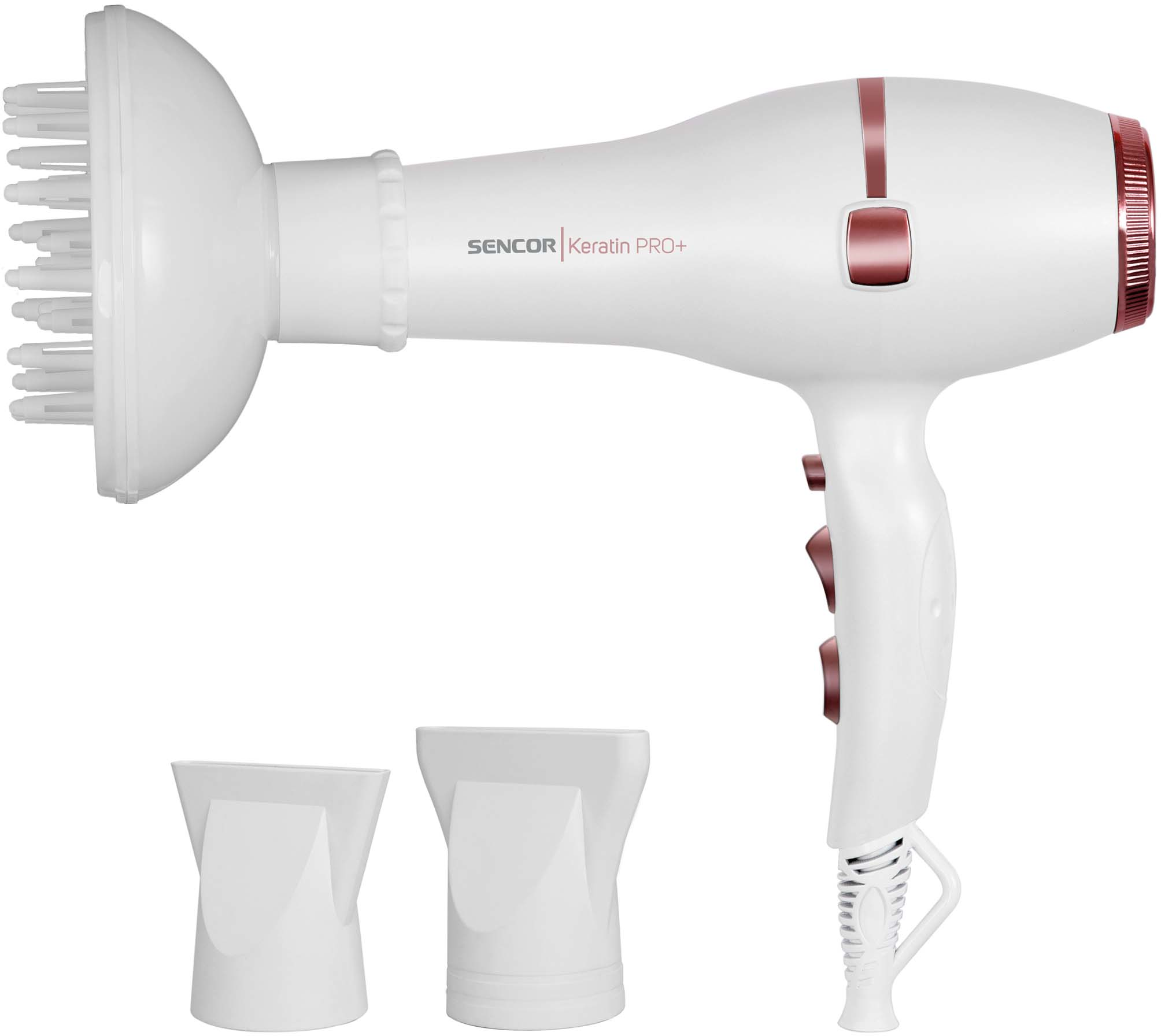 Fehér Sencor Keratin PRO+ hajszárító diffúzorral és két fúvókával.