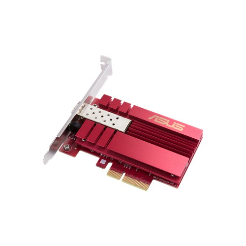 Tarjeta de red ASUS roja con disipador y conector plateado.