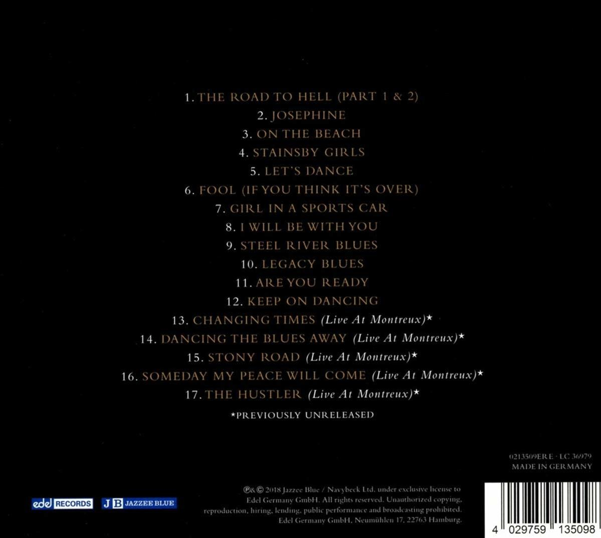 Die Rückseite einer CD-Hülle mit einer Liste von Titeln in weißem Text.