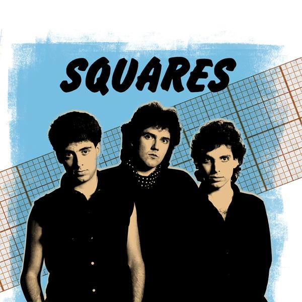 Albumcover der Band 'Squares'. Drei Männer in Schwarz, blauer Hintergrund mit Raster.