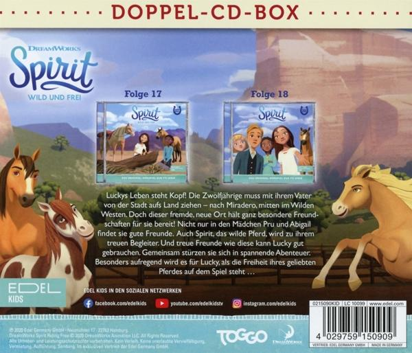 Rückseite einer Spirit-DVD-Hülle mit Pferdeillustrationen und Text.