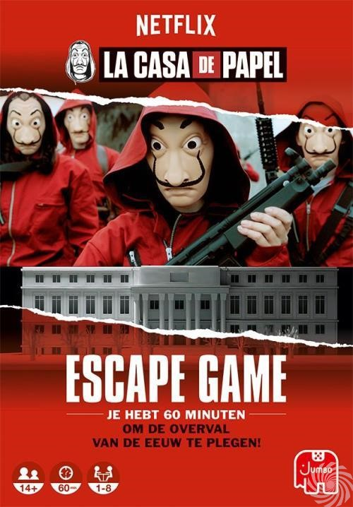 Poster voor het Money Heist escape game. Gemaskerde figuren in rode overalls houden wapens vast, een gebouw op de achtergrond. Tekst: Escape Game.