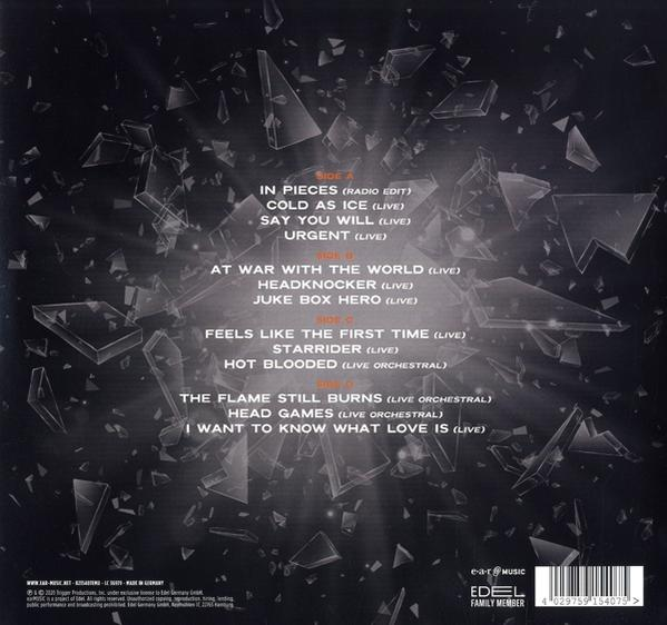 Rückseite einer CD-Hülle mit Titelliste und Glassplittereffekt auf dunklem Hintergrund.