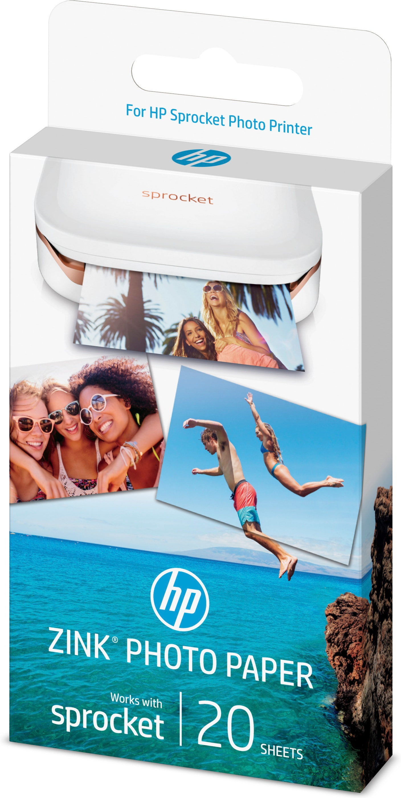 HP Sprocket Fotopapierbox. Zeigt Fotos von Personen und den Sprocket-Drucker.