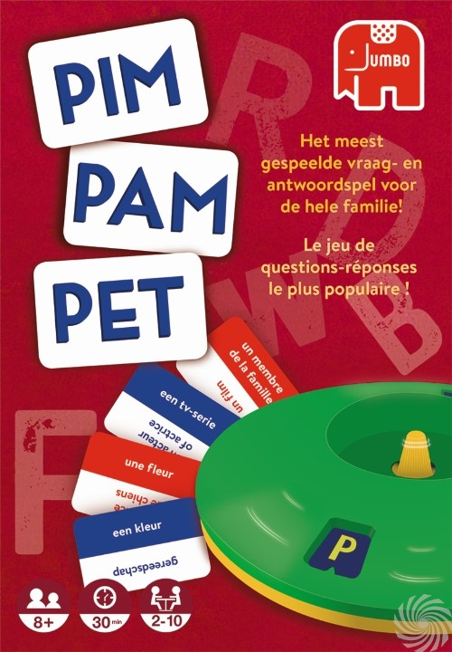 Spelbox met de woorden 'PIM PAM PET' en kaarten. Groene container met kaarten en rode achtergrond. Jumbo logo.