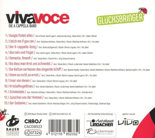 CD-Cover mit Trackliste für die A-cappella-Band 'Viva Voce'. Enthält Logos und Kontaktinfo.
