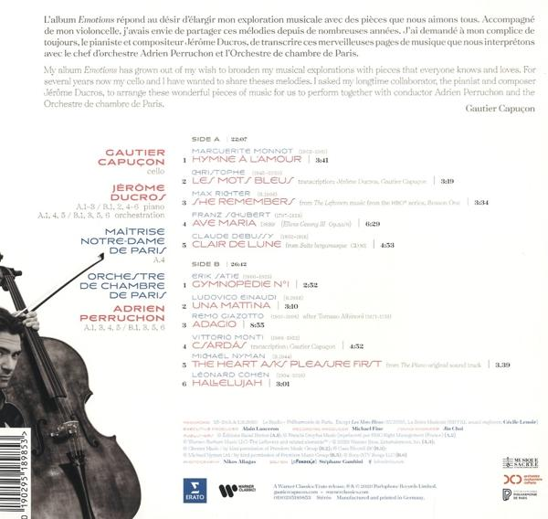 Albumcover mit Cellospieler und Text auf Französisch. Hintergrund mit Noten.