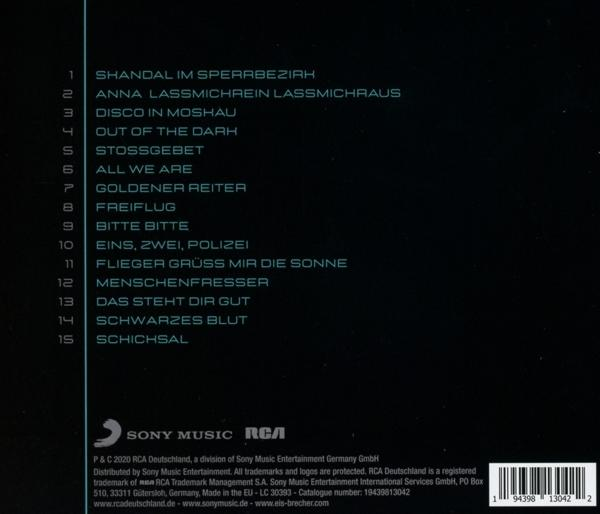 CD-Rückseite mit Titelliste. Der Hintergrund ist dunkelblau mit Gold.