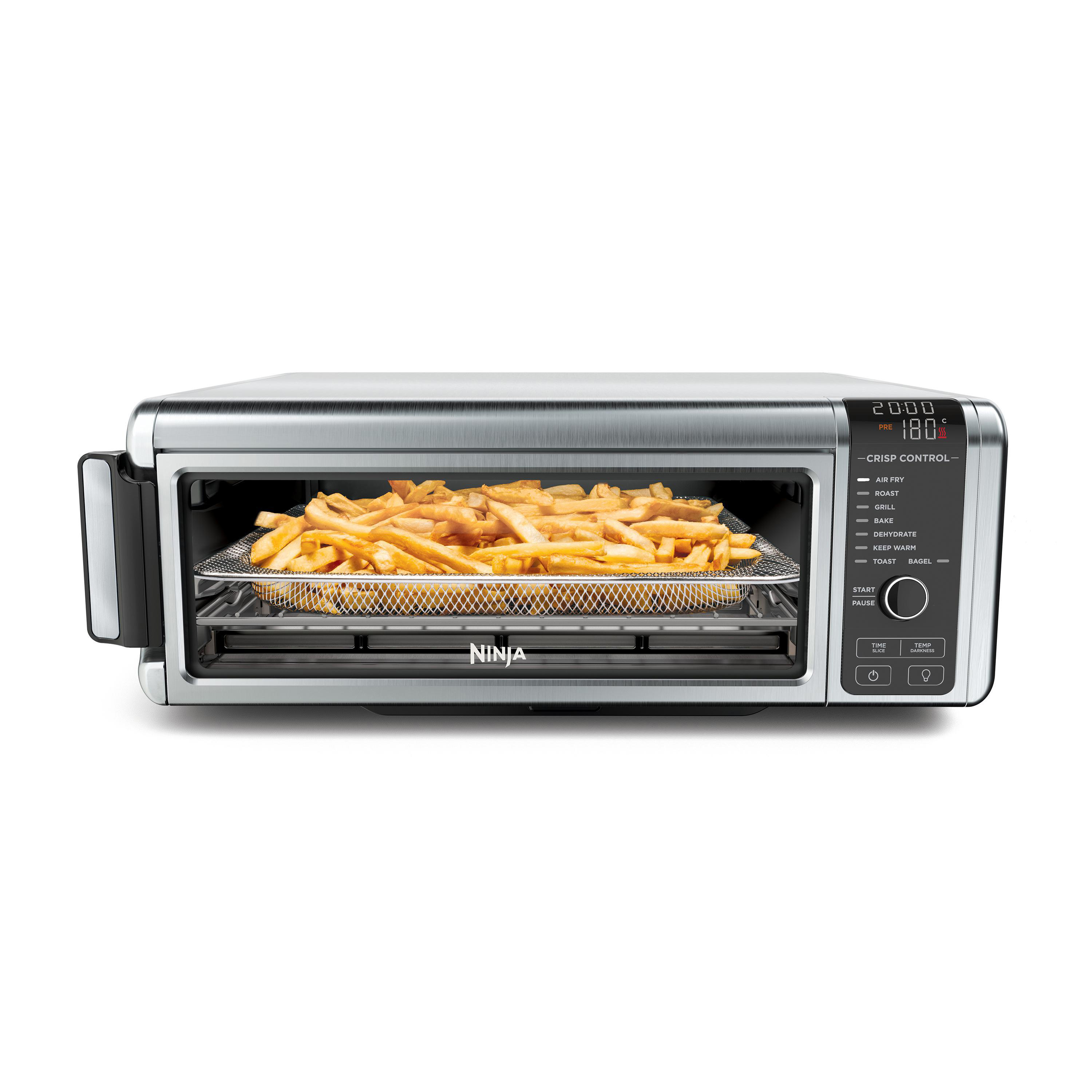 Ninja Heißluftfritteuse mit Pommes im Korb und Digitalanzeige mit 200C und 180C.