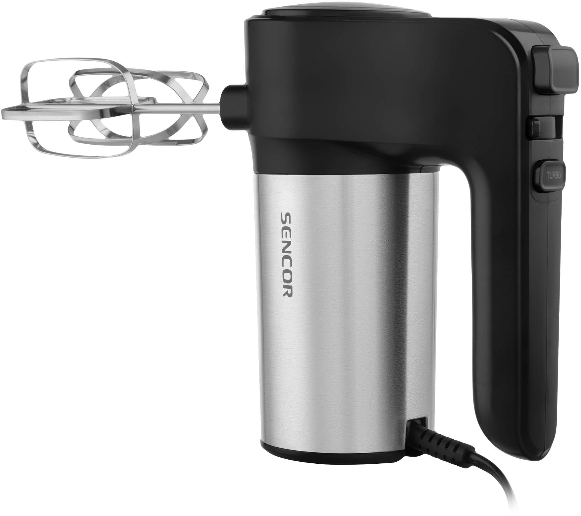 Ezüst-fekete kézi mixer fekete fogantyúval, keverésre készen.