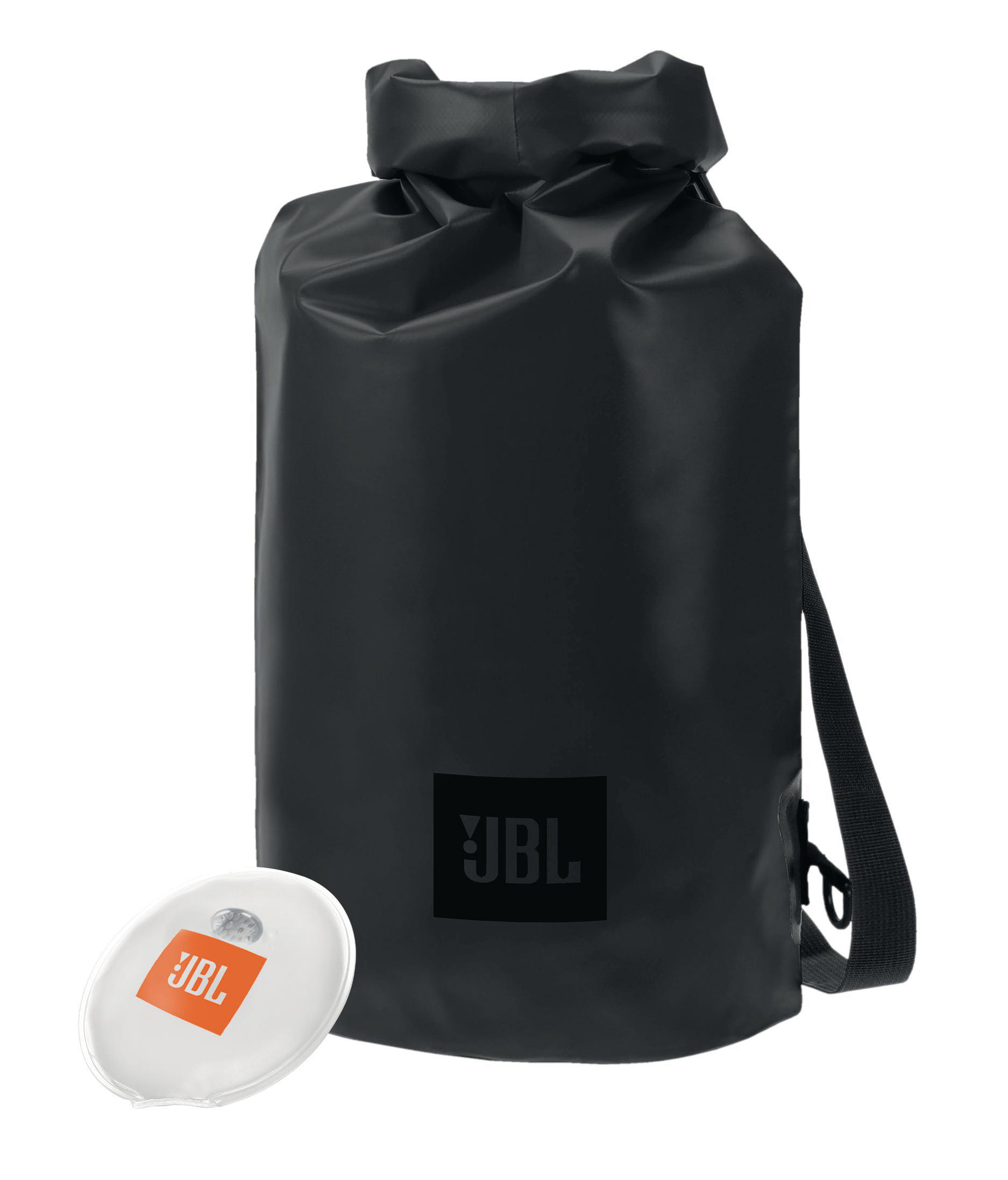 Schwarze JBL Trockentasche mit weißem JBL-Lautsprecher. Schwarzer Hintergrund. JBL-Logo sichtbar.