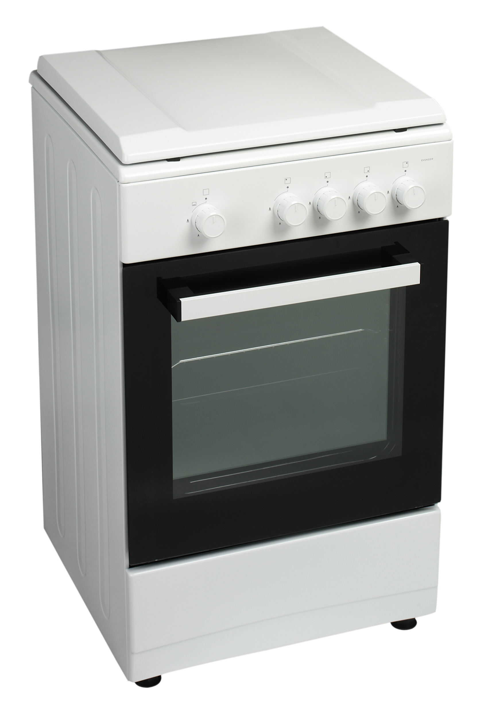 Witte oven, met een zwarte deur en bedieningsknoppen bovenop.